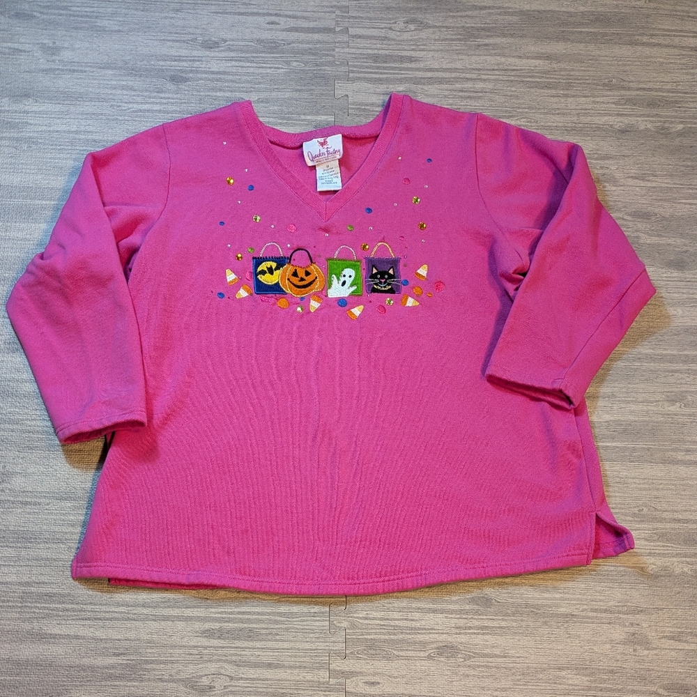 Quacker Factory Halloween V-Neck‎ Sweatshirt, Embroidered & Embellished, Sz 2X - Picture 4 of 10